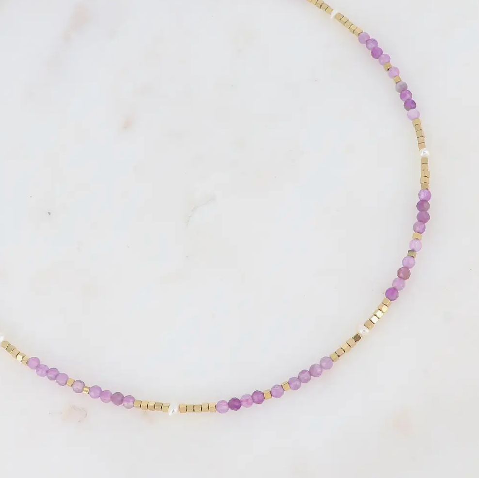 Amethyst | Freshwater Pearl | Gold Tone Bead Necklace