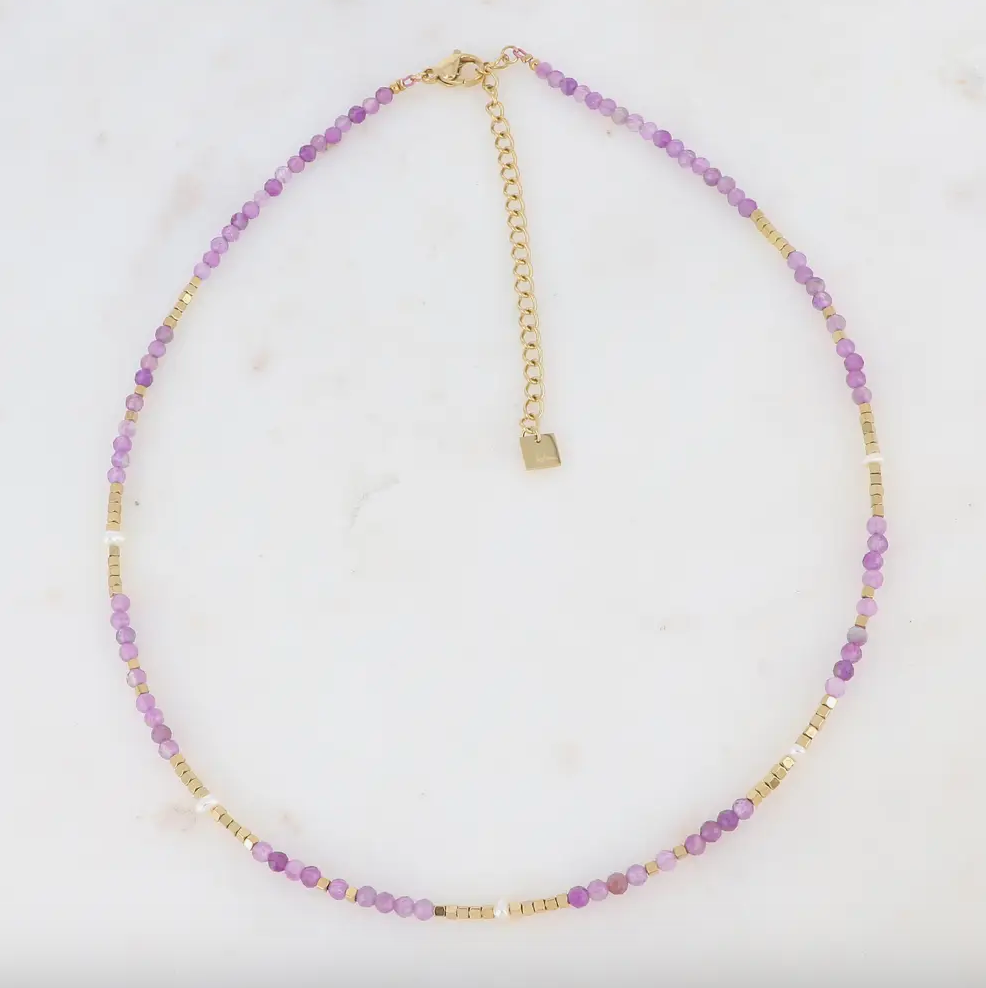 Amethyst | Freshwater Pearl | Gold Tone Bead Necklace