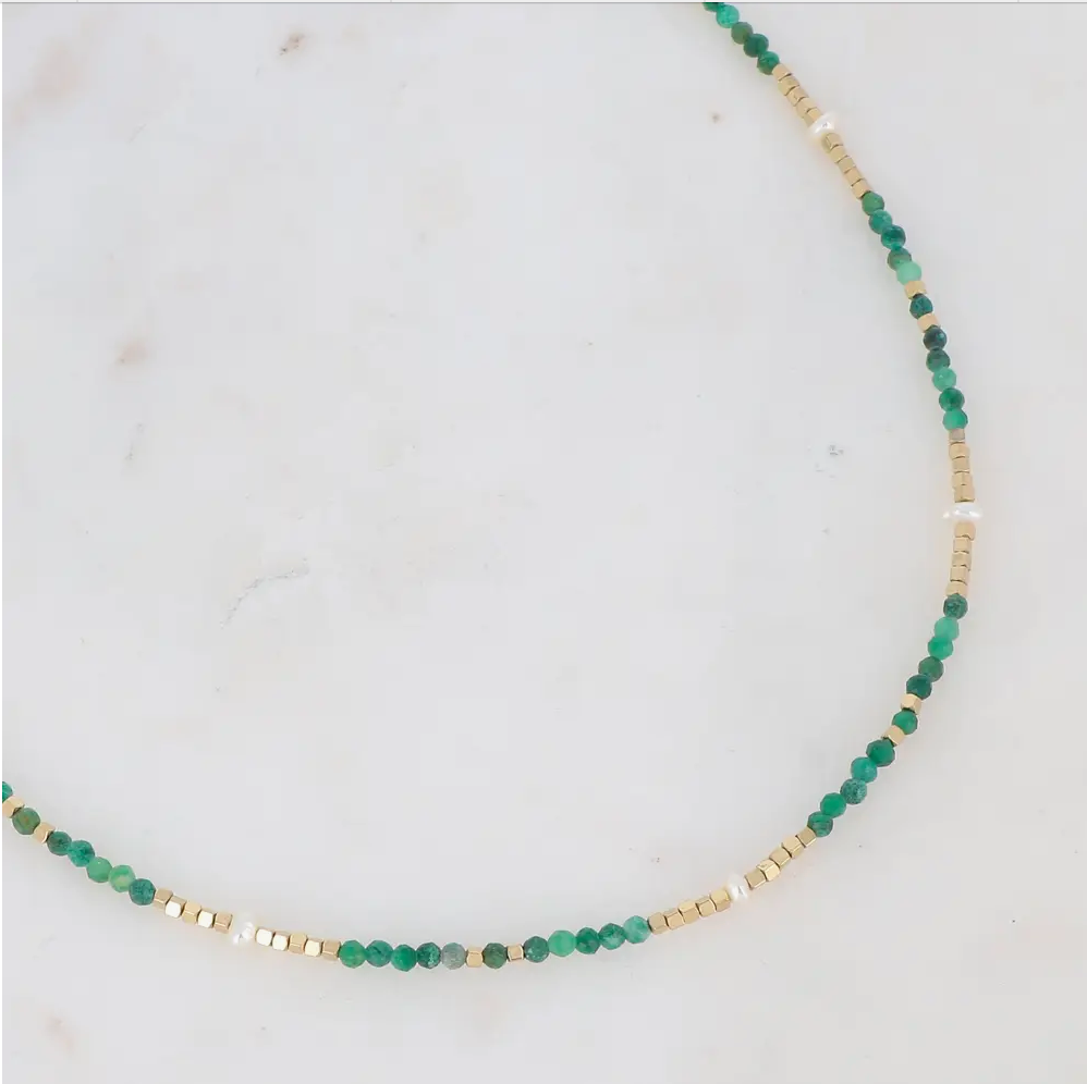Green Agate | Freshwater Pearl | Gold Tone Bead Necklace