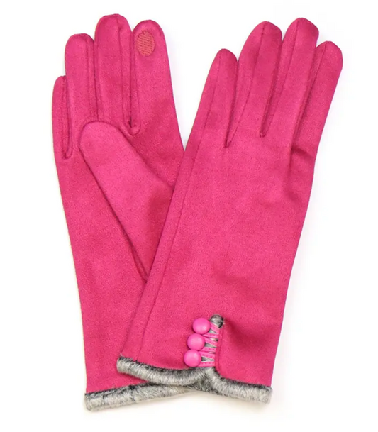 Bright pink faux suede with button detail gloves