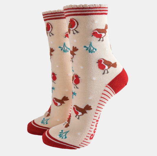 Christmas Socks | Christmas Robin Cream & Red Socks