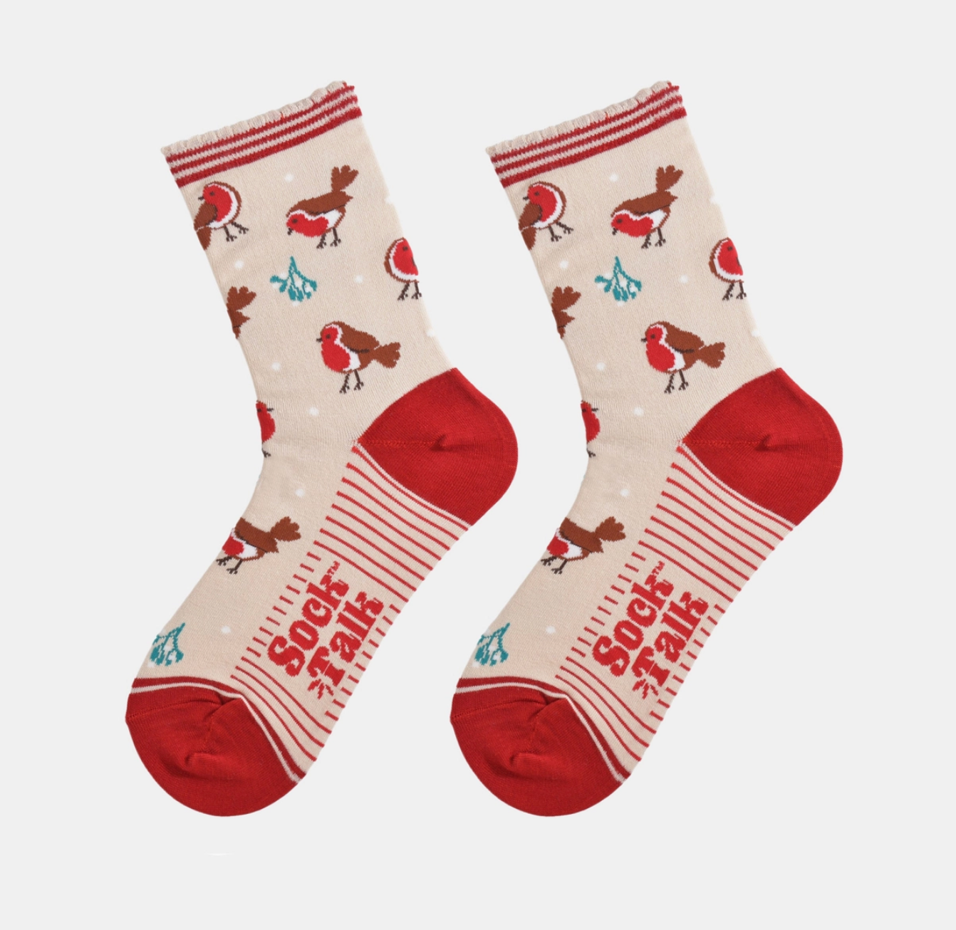 Christmas Socks | Christmas Robin Cream & Red Socks