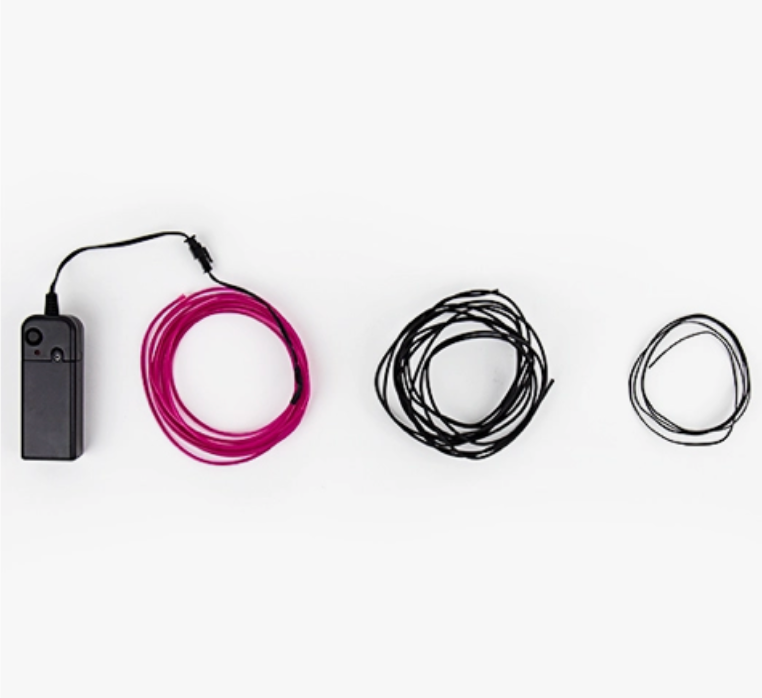 Contents of DIY Neon light kit. Includes Neon rope light, power pack and cable ties