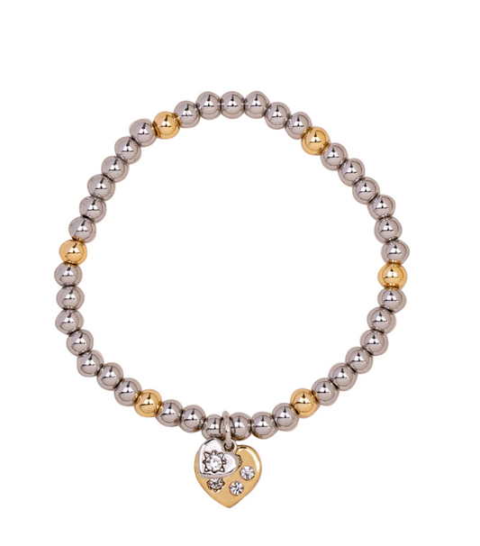Crystal Heart Rhodium Silver & Gold Tone Beaded Bracelet