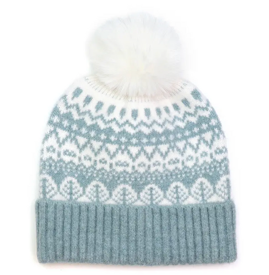 Cosy Duck Egg Blue Fair Isle Bobble Hat