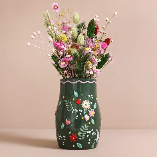 Folksy Forest Green Floral Ceramic Vase