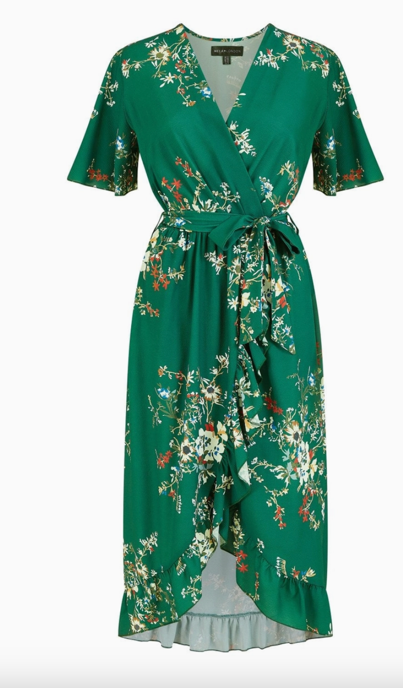 Green Floral Midi Dress with Kimono Style Sleeves