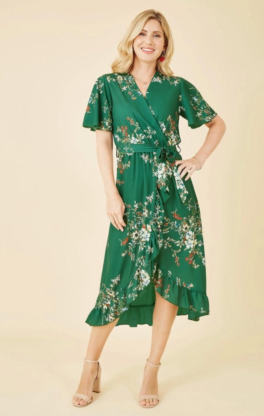 Green Floral Midi Dress with Kimono Style Sleeves