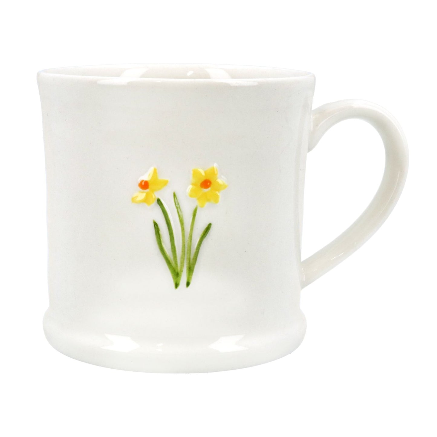 white bone china mug with a motif featuring 2 yellow daffodils with orange centres, green stems ad leaves