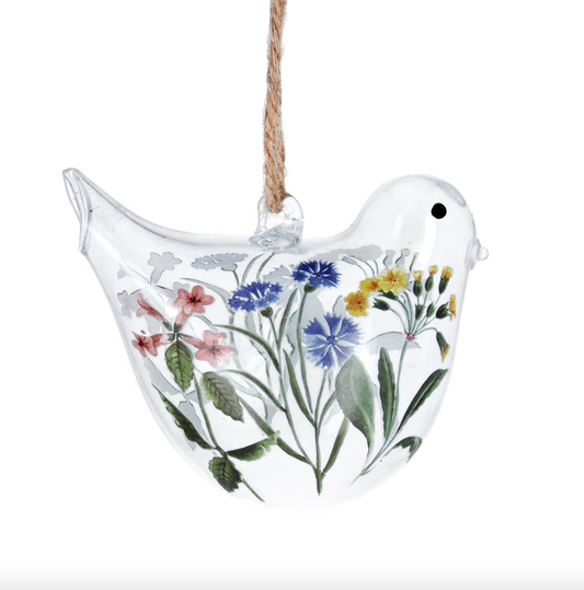 glass bird decoration featuring wild meadow flower decoration and rustic brown hanging string