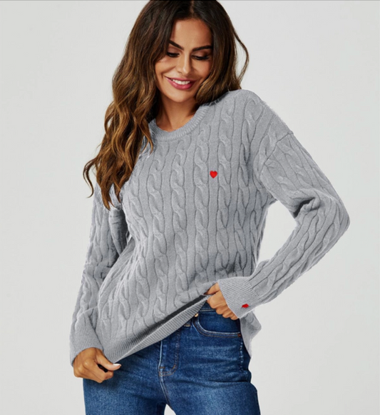 Red Little Hearts Detail Cable Knit Jumper | Grey