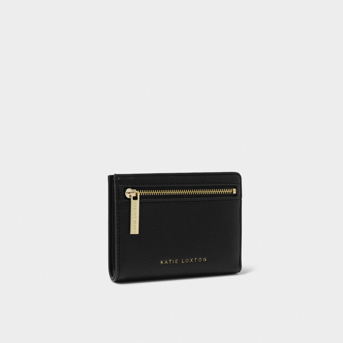small rectangular purse against a white background. The purse has a gold zip at the top edge and Katie Loxton in gold foil print embossed along the bottom edge.