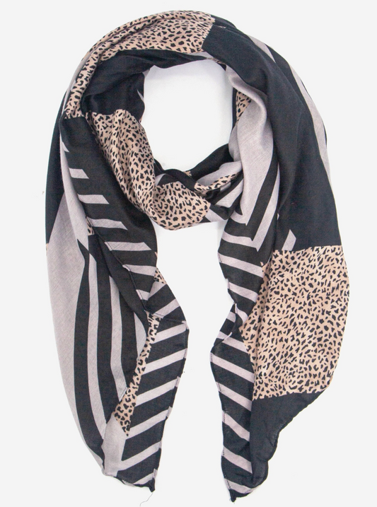 Jodi Lightweight Scarf | Black Stripe | Animal Print