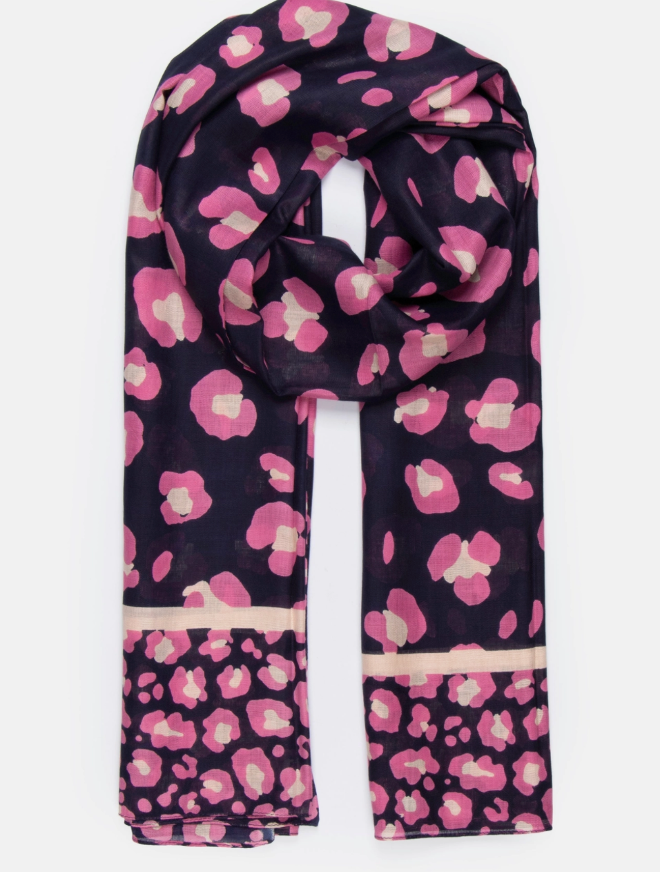 Bernie Lightweight Scarf | Navy Blue & Pink | Leopard Print