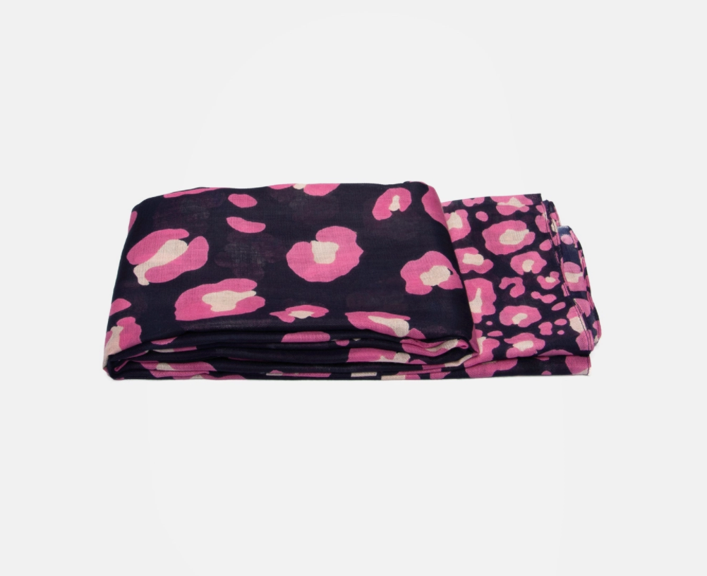 Bernie Lightweight Scarf | Navy Blue & Pink | Leopard Print