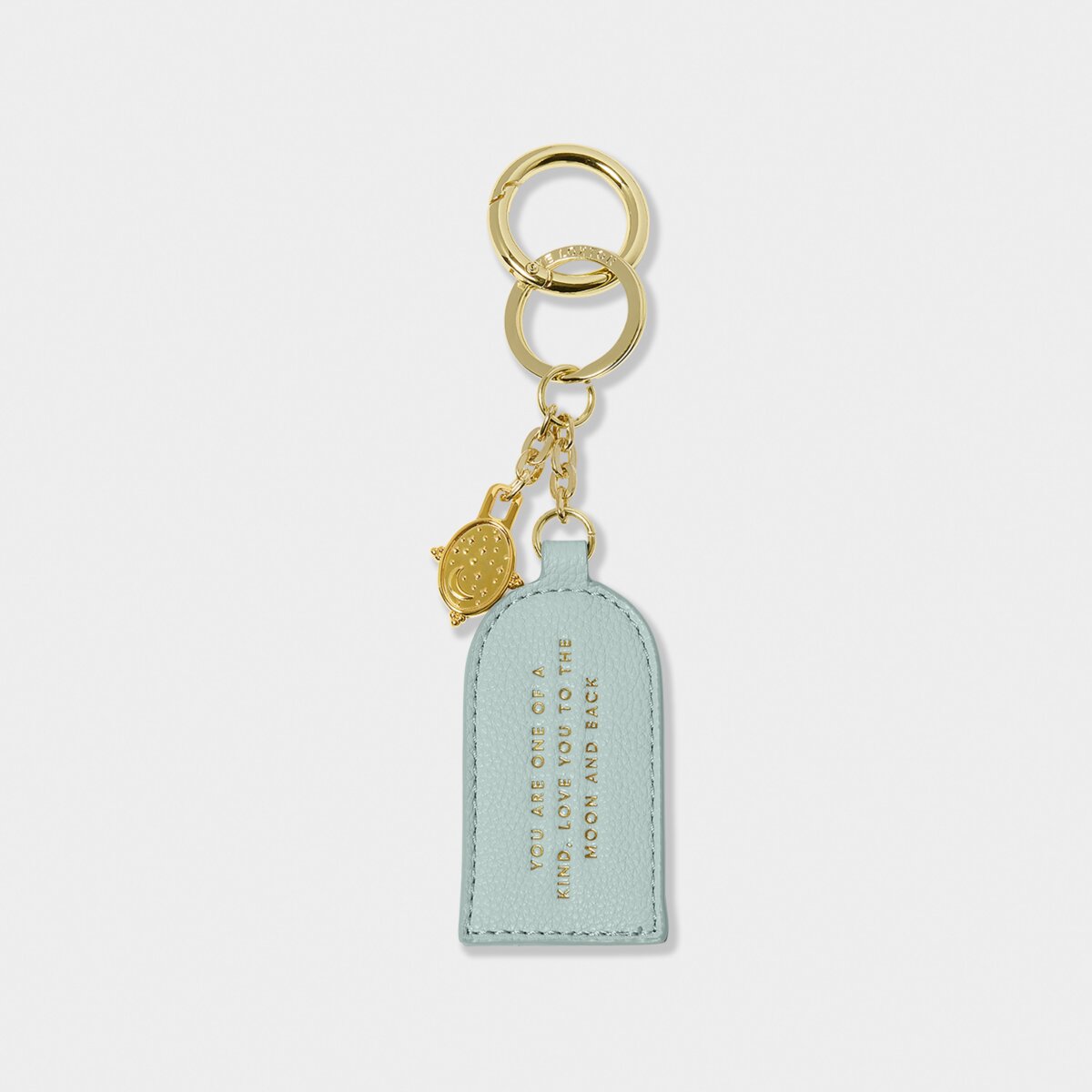Pale blue keyring with gold charm and gold hardware rings with gold foiled 'Love You To The Moon and Back' sentiment