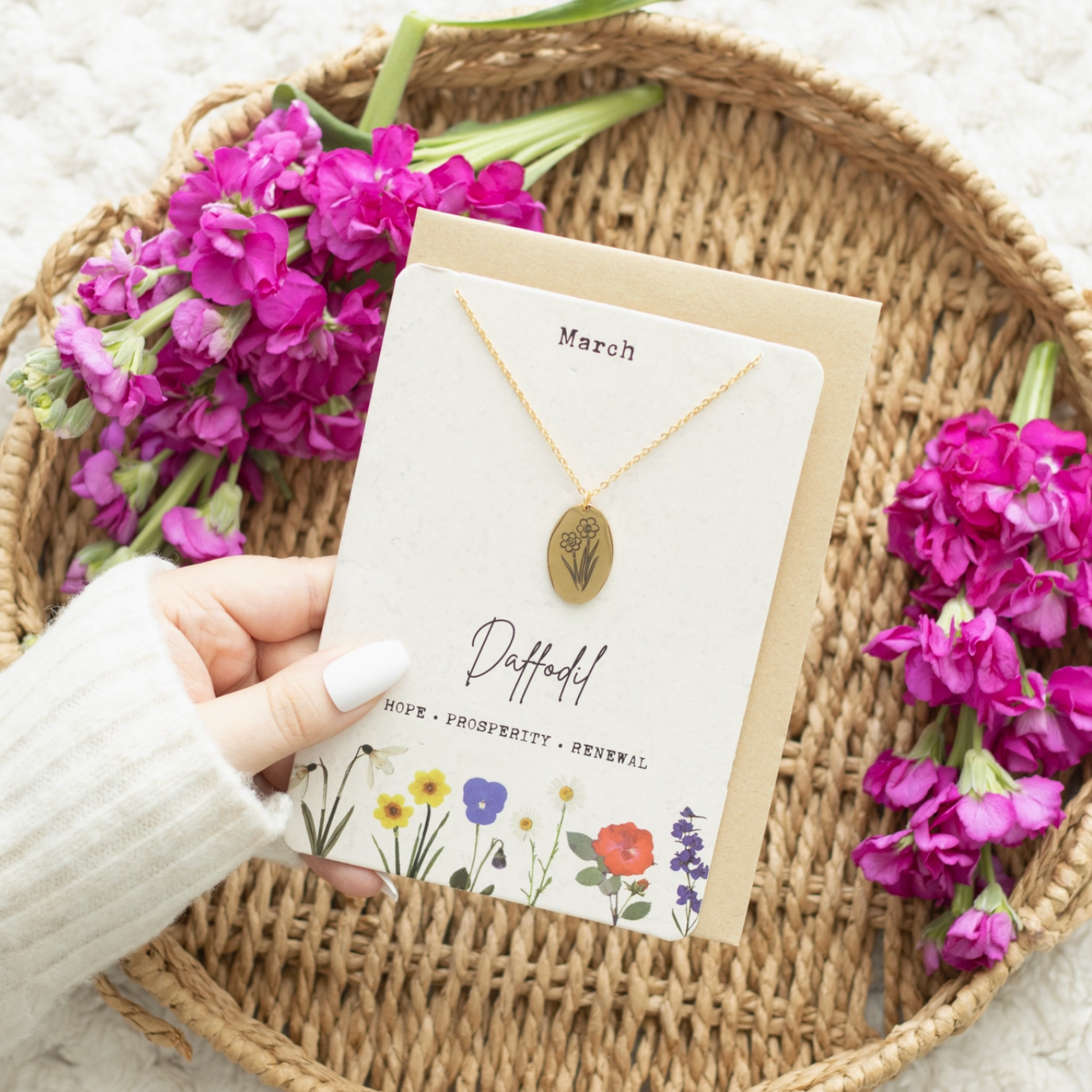 March Daffodil Birth Flower Necklace On Greeting Card