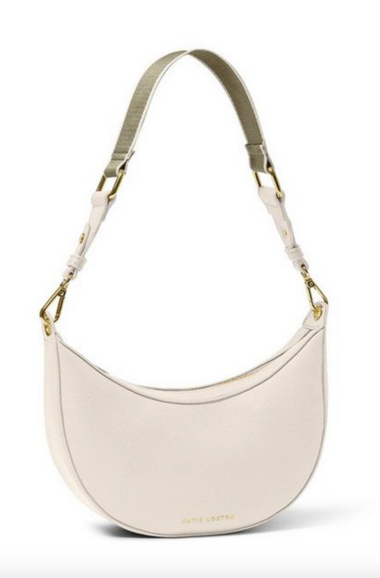 Off-white scoop shaped handbag with strap with a feature taupe stripe against a white background