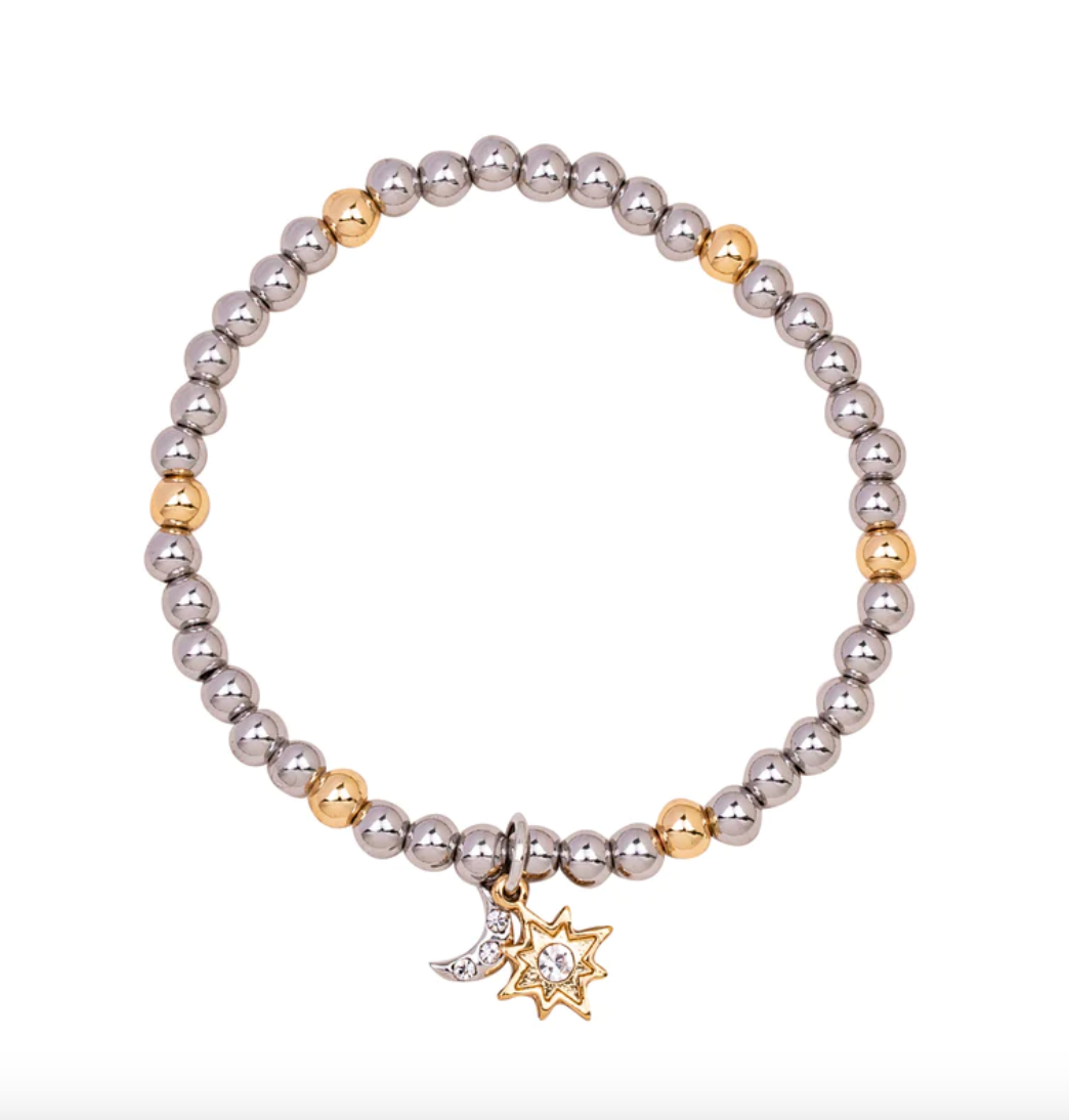 Crystal Moon & Star Rhodium Silver & Gold Tone Beaded Bracelet