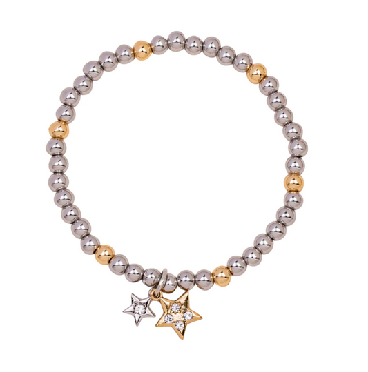 Crystal Star Charm Rhodium Silver & Gold Tone Beaded Bracelet