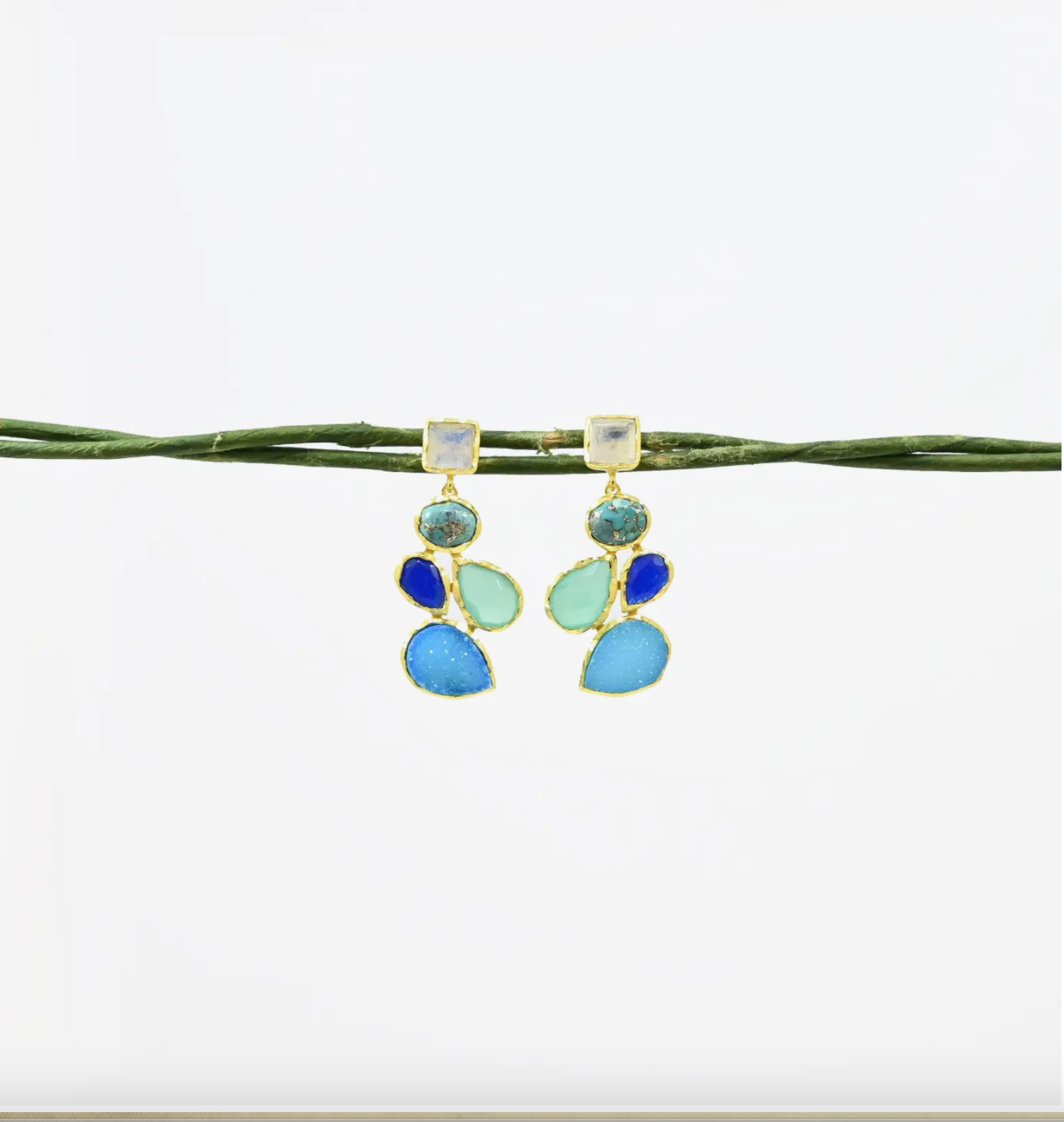 Mykonos Earrings Gold - Blue Turquoise, Druzy & Moonstone