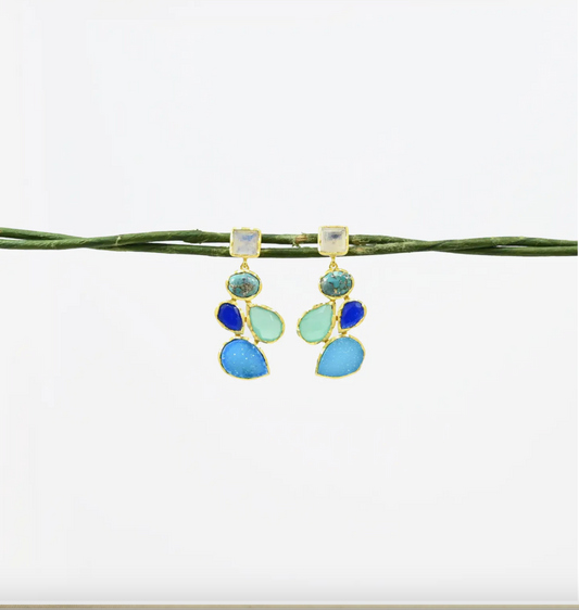 Mykonos Earrings Gold - Blue Turquoise, Druzy & Moonstone