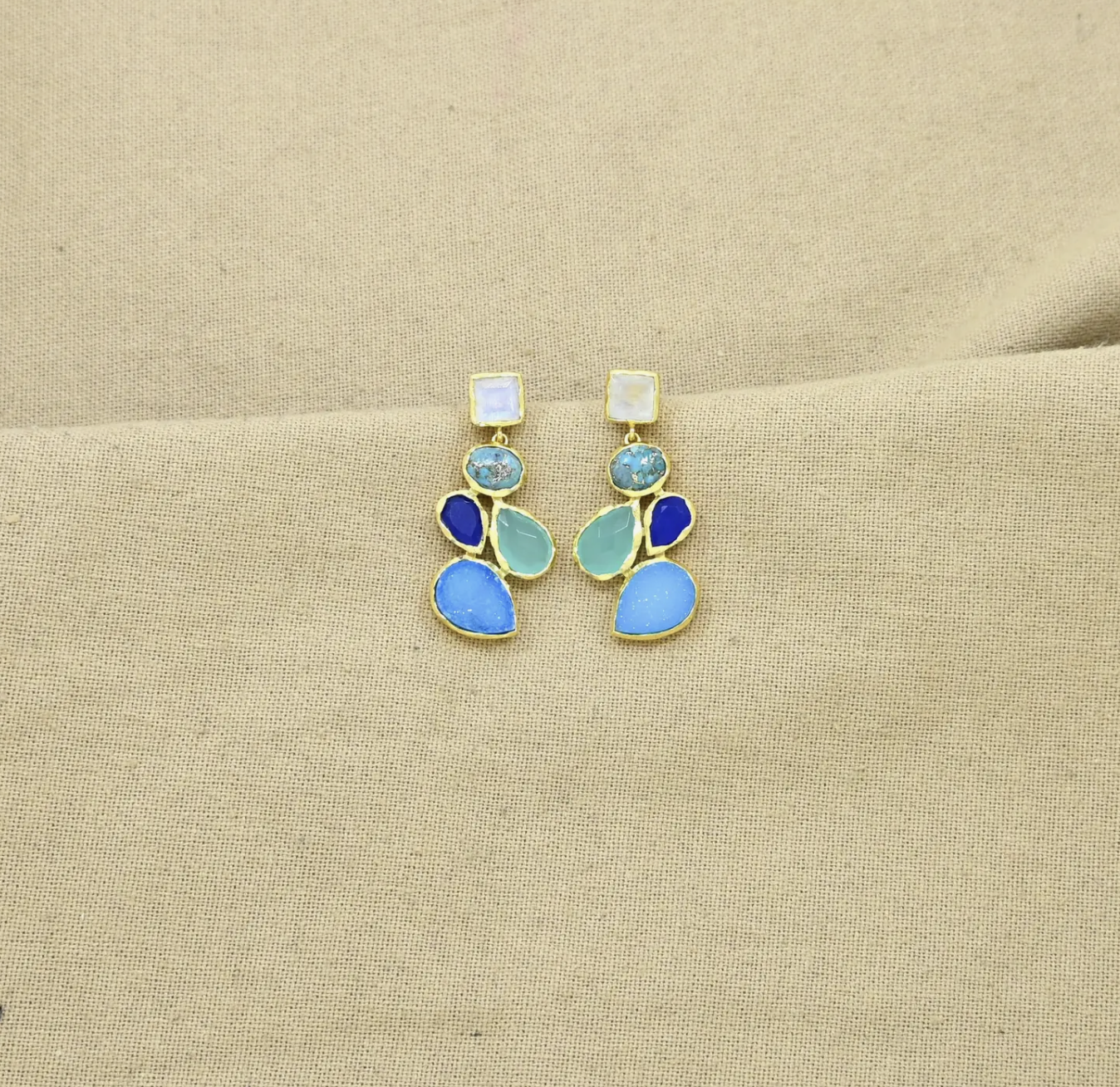 Mykonos Earrings Gold - Blue Turquoise, Druzy & Moonstone