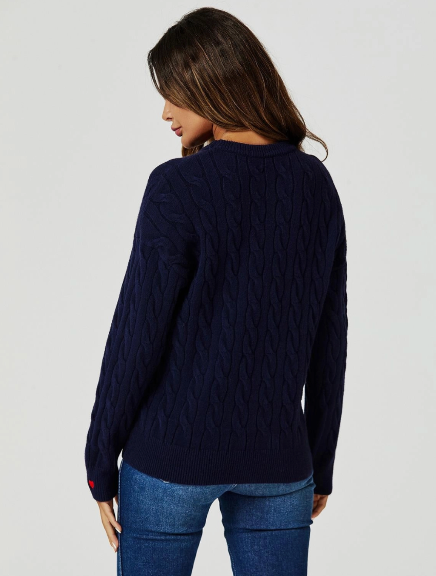 Red Little Hearts Detail Cable Knit Jumper | Navy