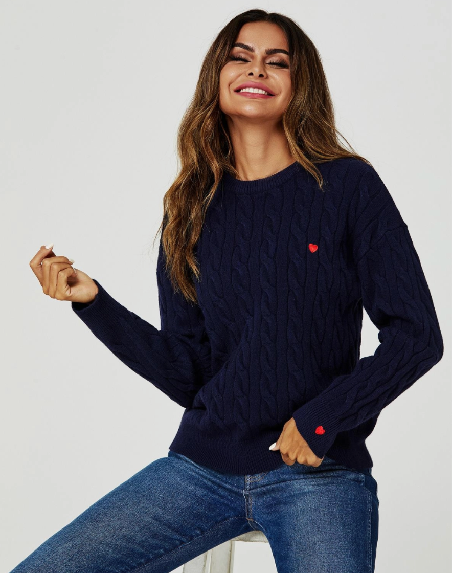 Red Little Hearts Detail Cable Knit Jumper | Navy