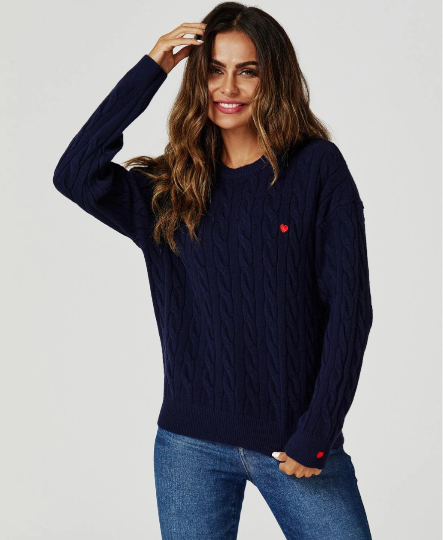 Red Little Hearts Detail Cable Knit Jumper | Navy