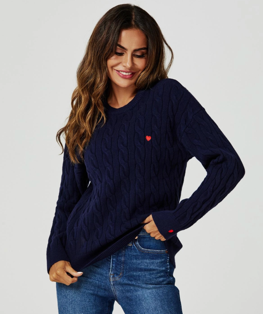 Red Little Hearts Detail Cable Knit Jumper | Navy