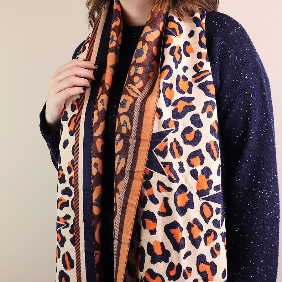 Cream, navy and orange animal print and star scarf