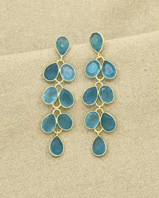 Neon Blue Jade & Gold Chandelier Drop Earrings