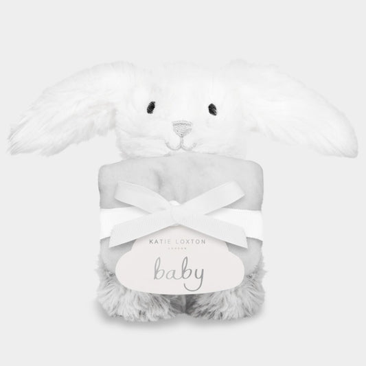 white bunny with soft grey baby blanket comforter