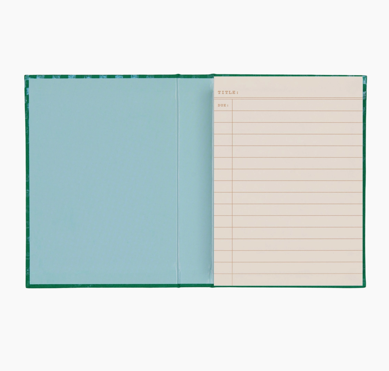 Inside of notebook showing blank pale blue inside cover and lined first page for taking notes.