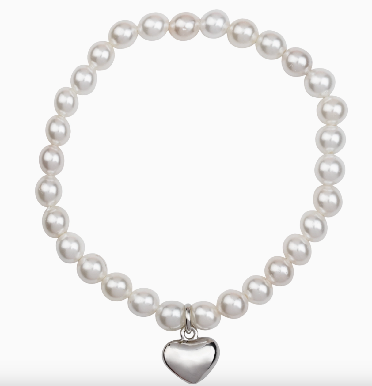 Pearl & Silver-Tone Puffy Heart Charm Elasticated Bracelet