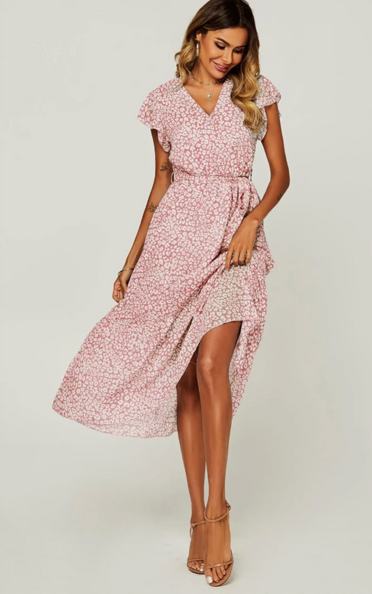Ruffled Angel Sleeve Wrap Dress In Pink Leopard Print