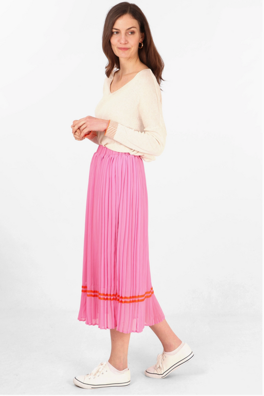 Pink Pleated Midi Skirt with Orange Ribbon Trim