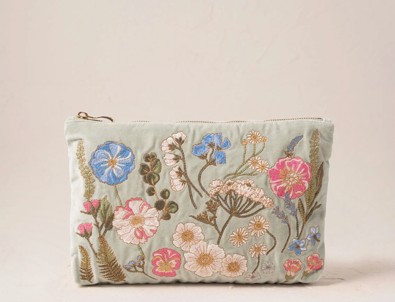 Elizabeth Scarlett Pressed Flowers Everyday Pouch | Velvet Cosmetic & Travel Pouch