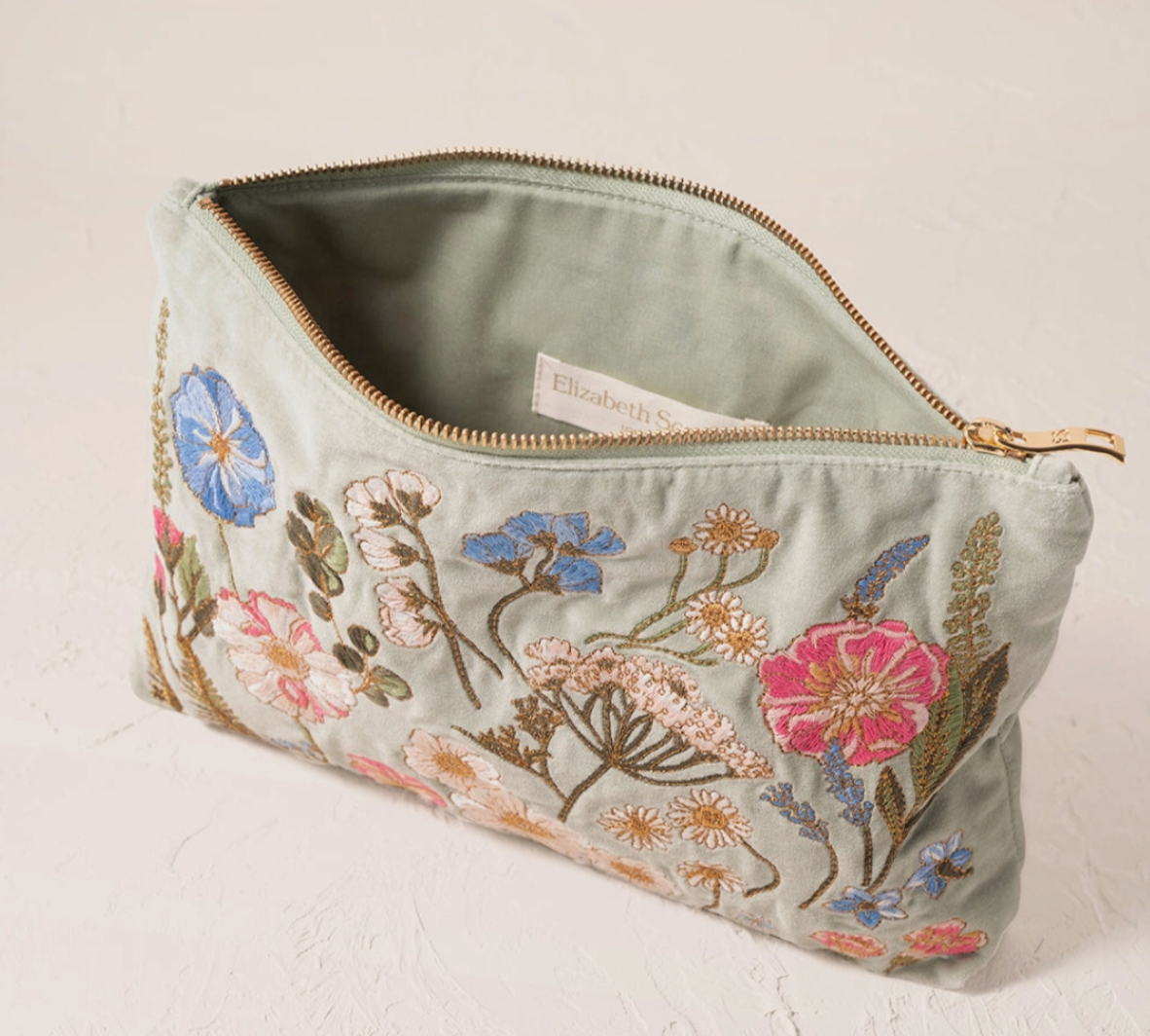 Elizabeth Scarlett Pressed Flowers Everyday Pouch | Velvet Cosmetic & Travel Pouch