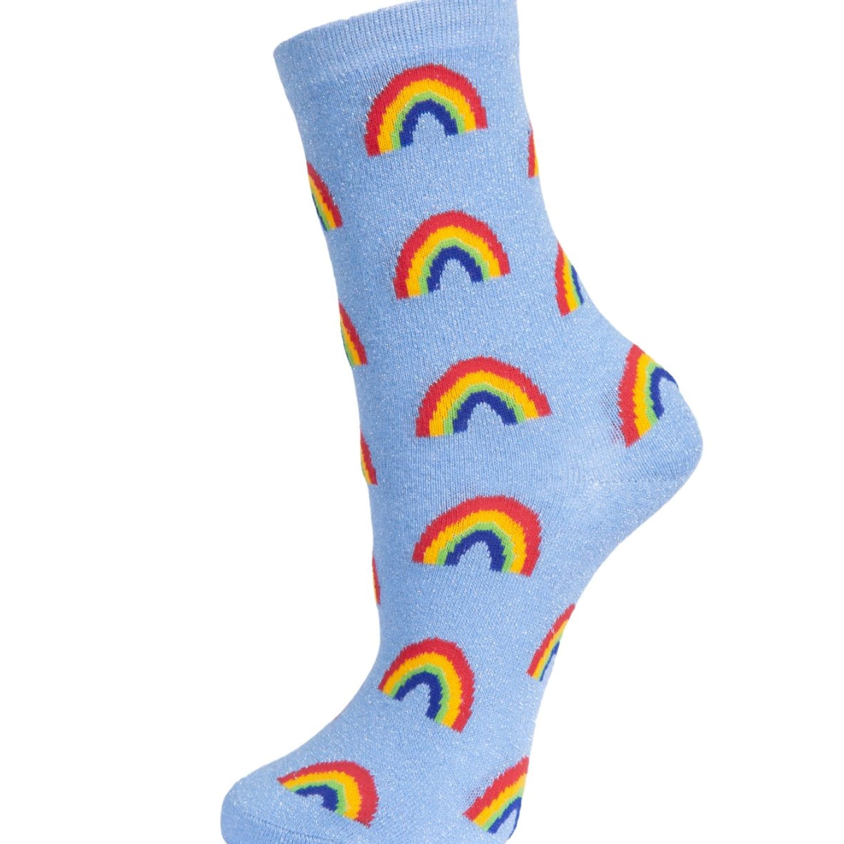 a pair of glittery blue ankle socks with a rainbow design