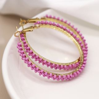 Golden and pink bead large hoop earrings