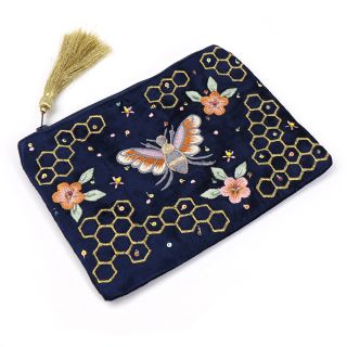 Navy velvet, embroidered bee and honeycomb purse