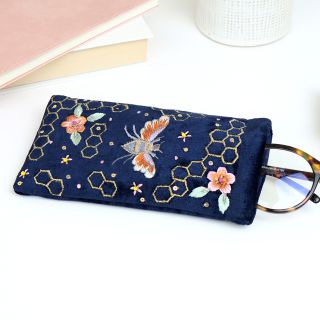 Navy Blue Velvet Embellished Bee & Honeycomb Glasses Case