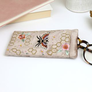 Golden Velvet Embellished Bee & Honeycomb Glasses Case