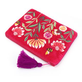 Fuchsia velvet floral bee scene coin purse