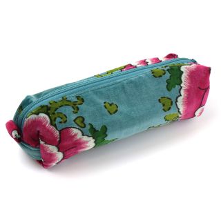 Blue and pink mix printed velvet botanical zip pouch