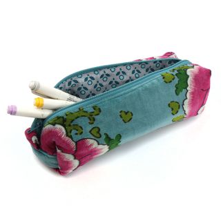 Blue and pink mix printed velvet botanical zip pouch