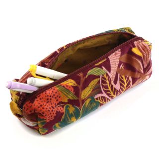 Rust and red mix printed velvet botanical zip pouch