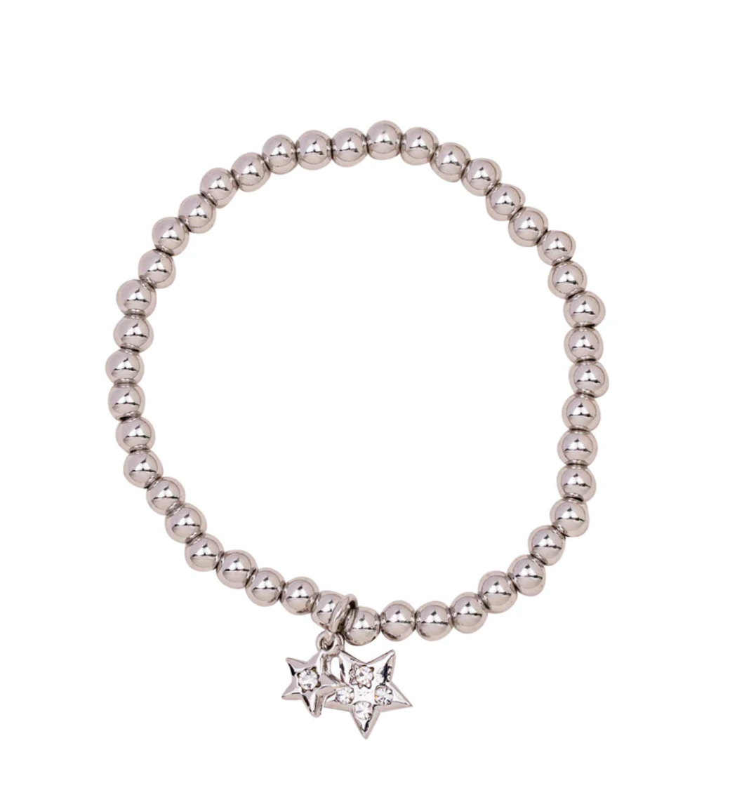 Double Crystal Star Charm Rhodium Silver Beaded Bracelet